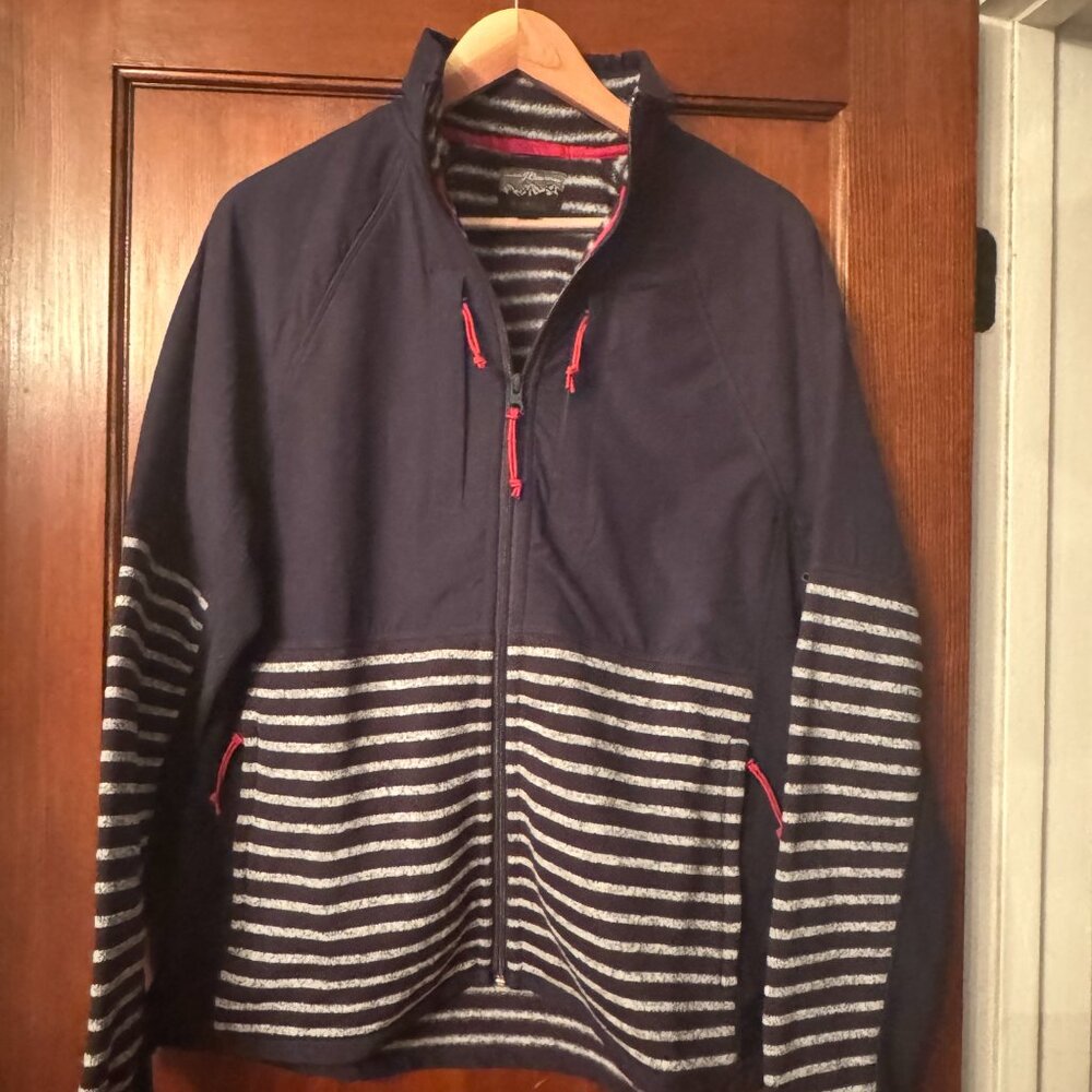 J Crew Nordic Sweater Fleece Full Zip Jacket Mens Blue Striped Lined Size Medium